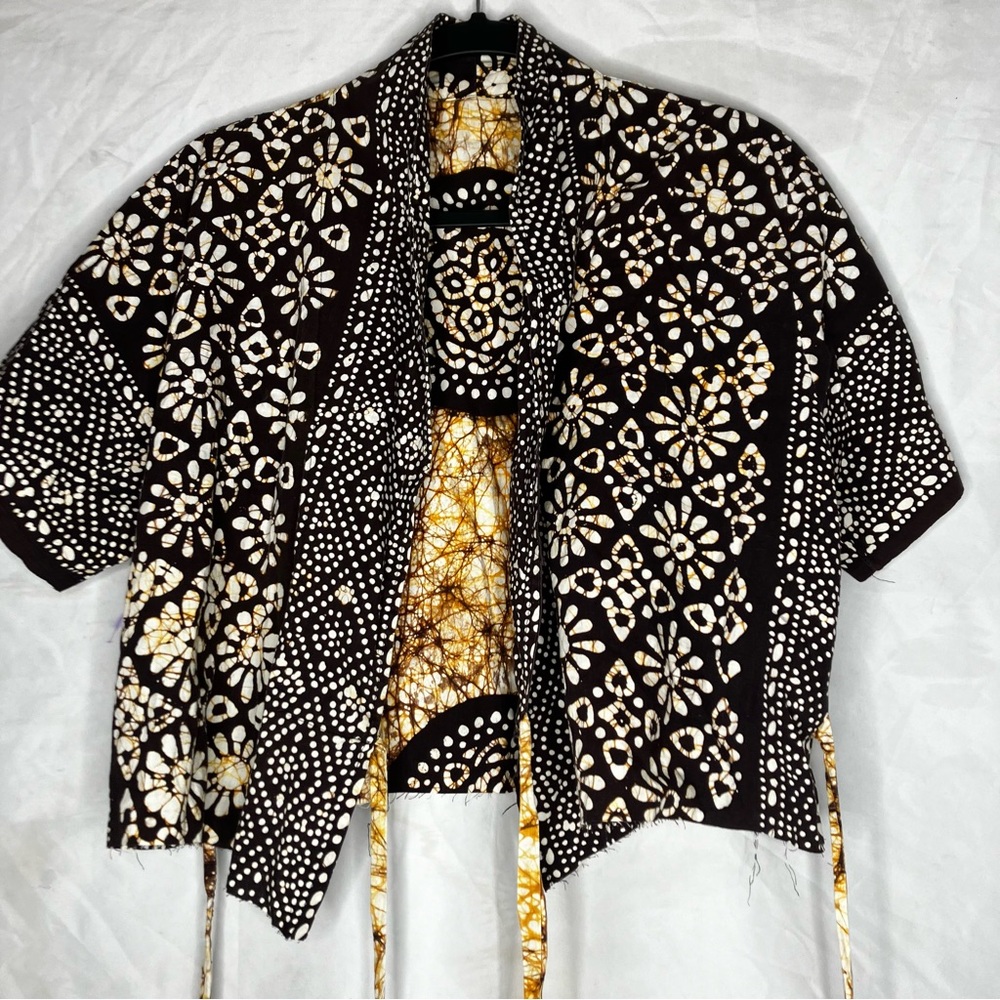 Brown and Cream Floral Pattern Open-Front Women's Top